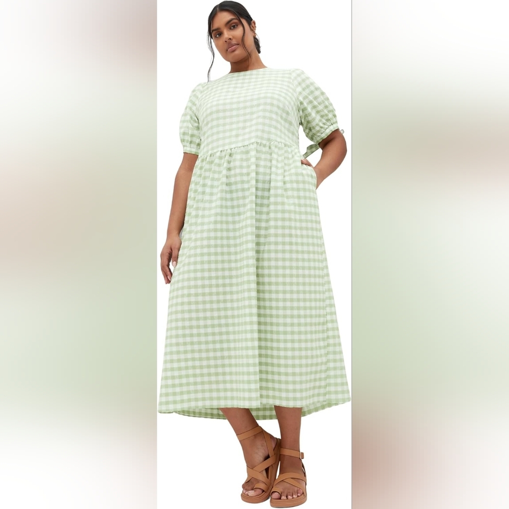 City Chic 18 Sage Gingham Puff Sleeve Dress